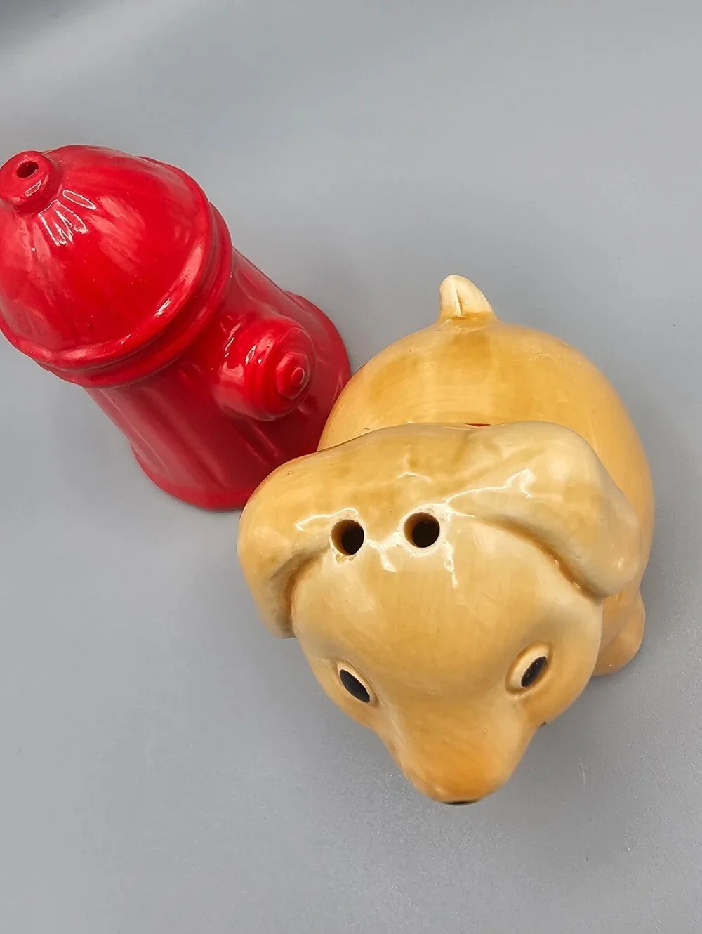 Vintage Ceramic Dog and Fire Hydrant Salt and Pepper Shakers